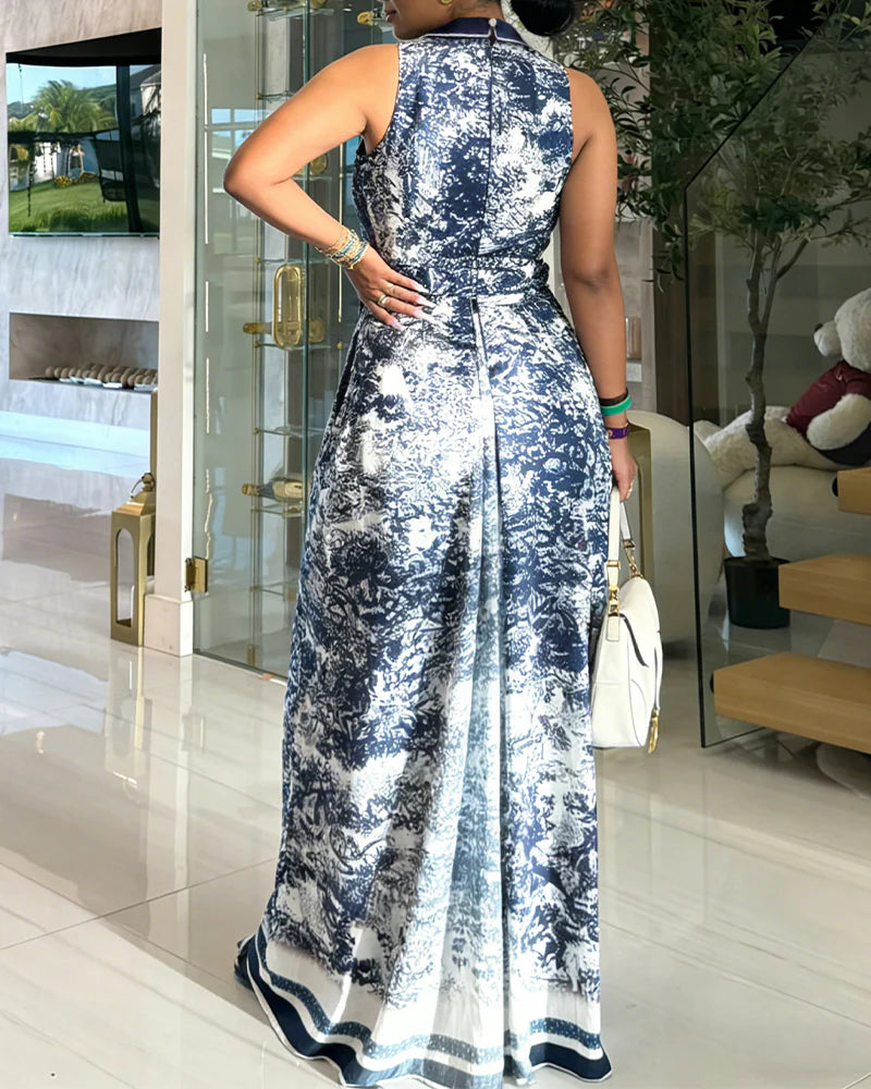 Vintage Ink Print Turn-down Collar Sleeveless Button Front Maxi Dress Casual Zipper Back Tie Waist Side High Slit Vacation Dress with Belt