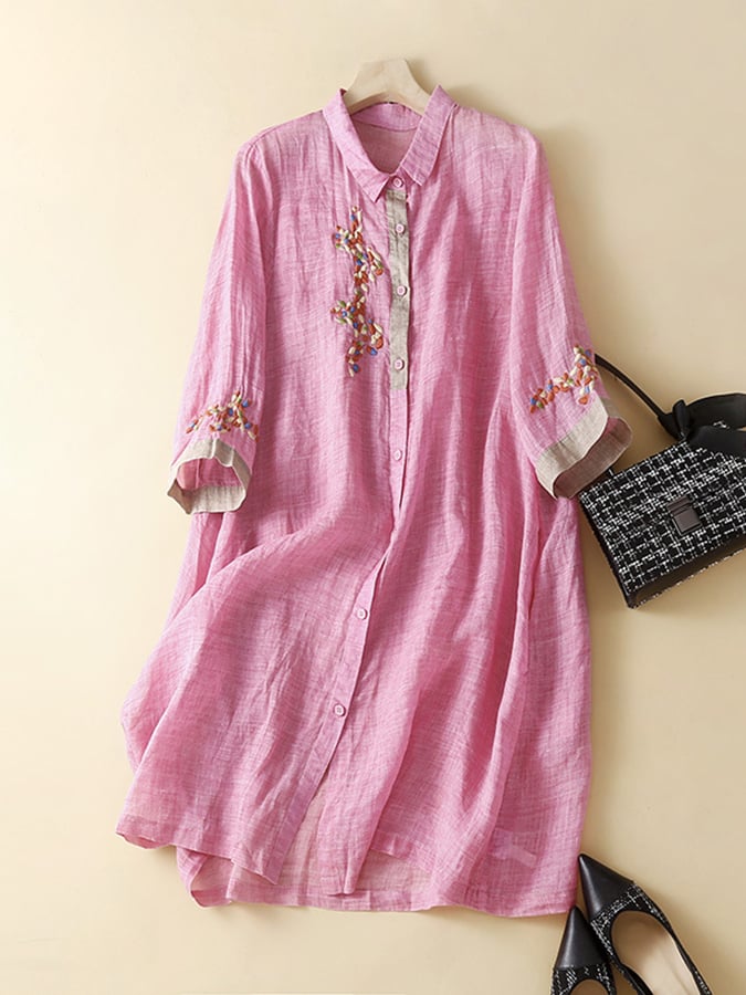 Cotton And Linen Embroidered Contrasting Ethnic Style Dress