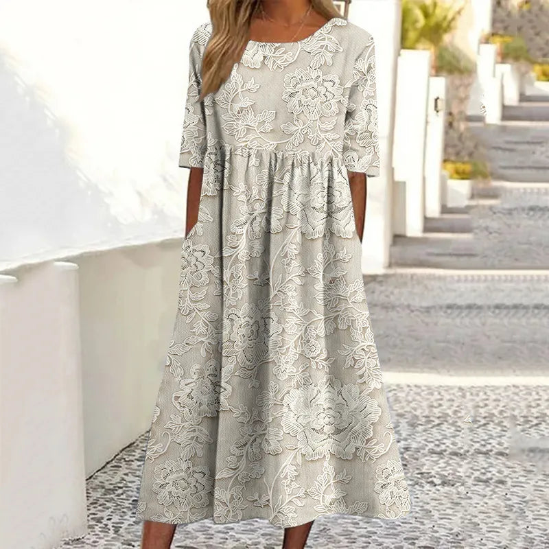 Women's Vintage Floral Print Linen Dress