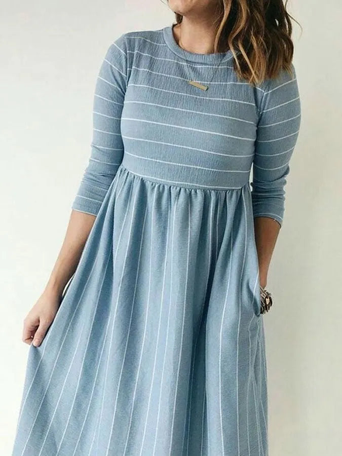 Women'S Casual Round Neck Long Sleeve Striped Print Patchwork Dress