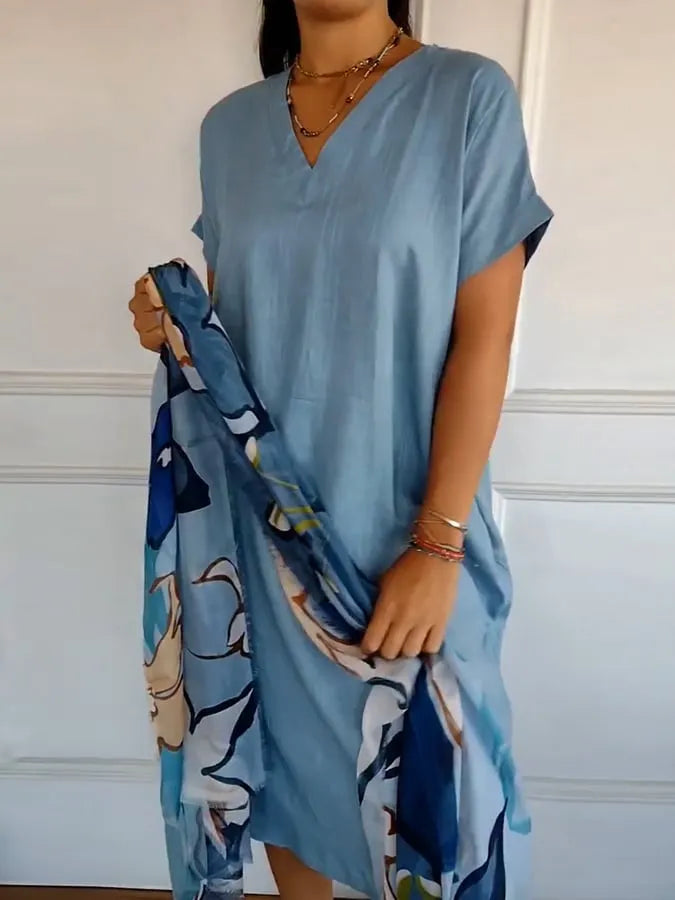 Women's casual V-neck short-sleeved cotton and linen dress