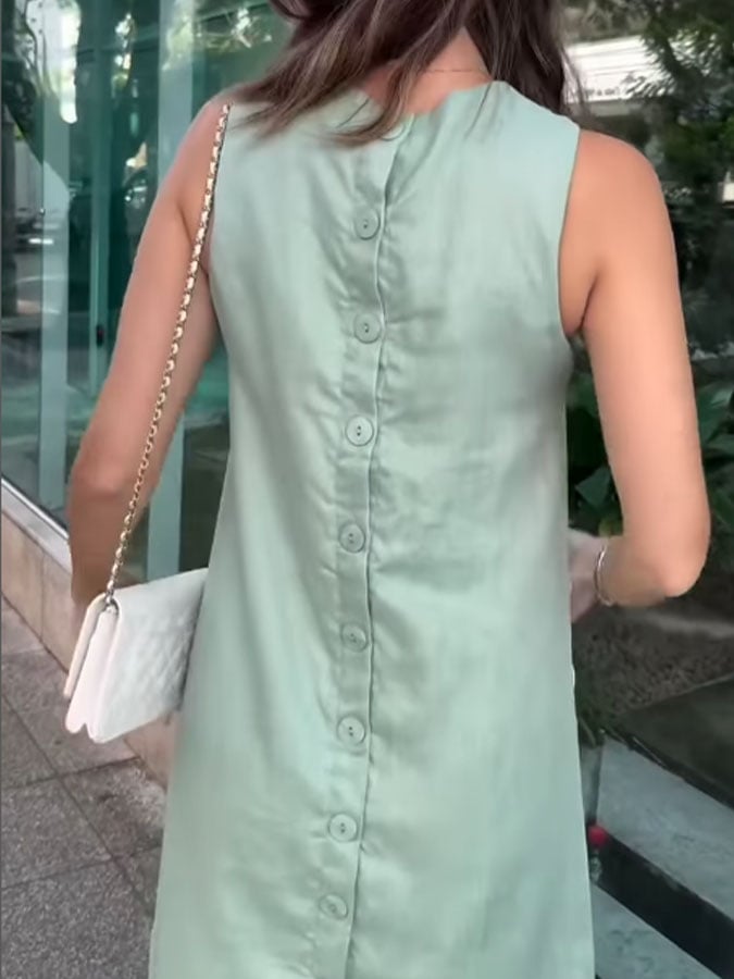 Women'S Casual Contrast Color Round Neck Sleeveless Cotton And Linen Dress