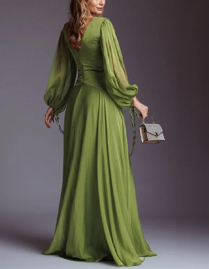 Flower Pleated Chiffon Wedding Dress Long Buff Sleeve Flowy V-neck Maxi Dress