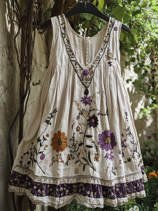 Vintage Embroidered Floral Art Linen Dress