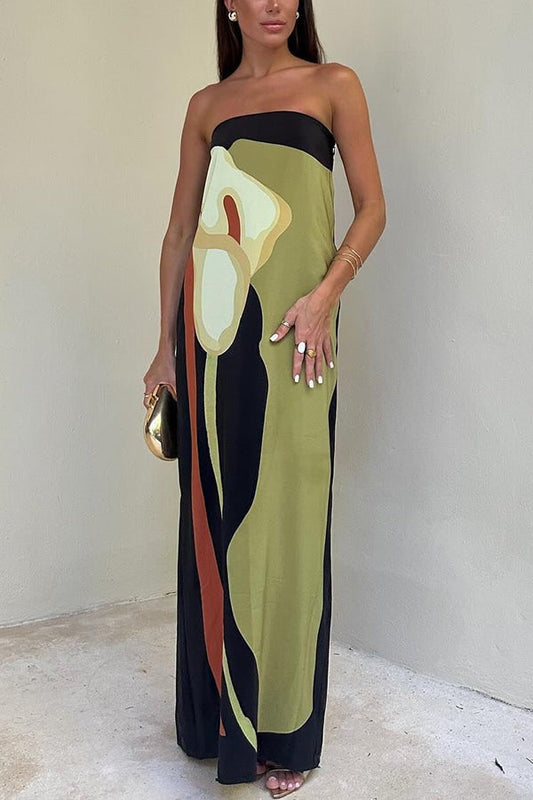 Abstract Floral Print Elasticated Off Shoulder Vacation Loose Maxi Dress