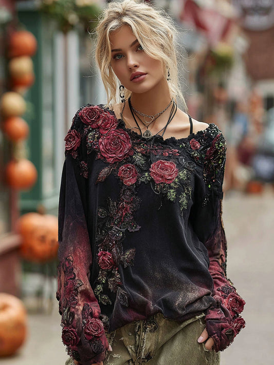 VChics Vintage Rose Embroidery Beaded Gradient Long-sleeved T-shirt