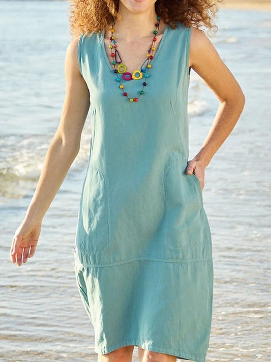 Solid Cotton Hemp U-Neck Sleeveless Pocket Dress