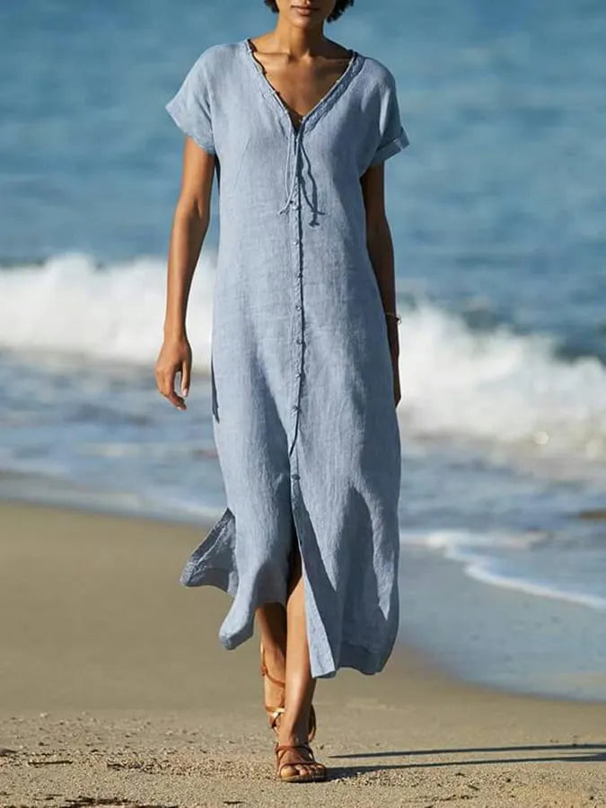 Ladies V-Neck Slit Buttoned Cotton And Linen Dress