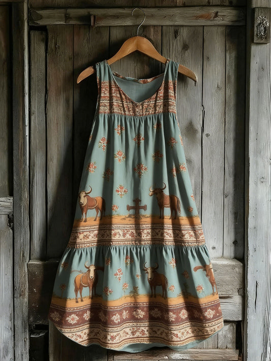 Women's Vintage Floral Colorblock Sleeveless Cotton Dress