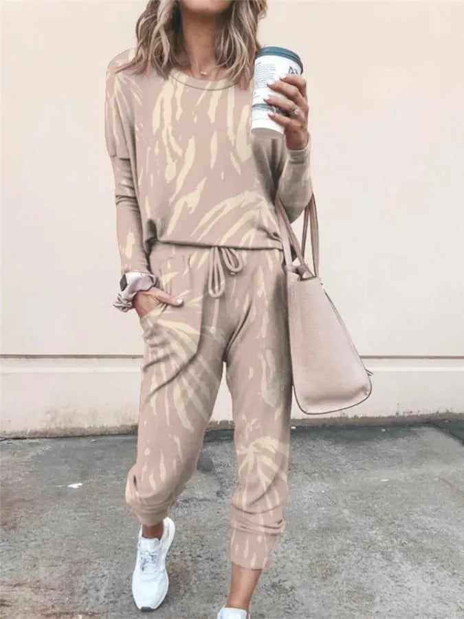 Women'S Casual Round Neck Tie-Dye Long Sleeve Two-Piece Set