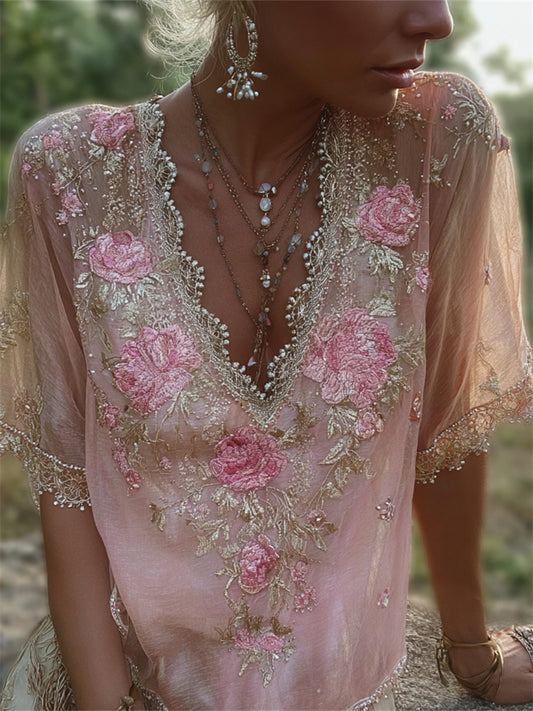 Vintage Boho Glitter Floral Lace Flowy Linen Tunic