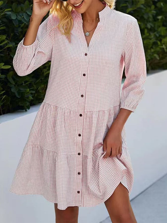 Women'S Casual Plaid Print V-Neck Three-Quarter Sleeve Shirt Dress