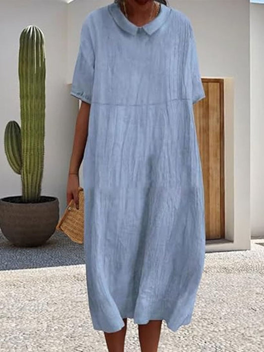 Women's Casual Solid Color Lapel Short Sleeve Cotton and Linen Dress