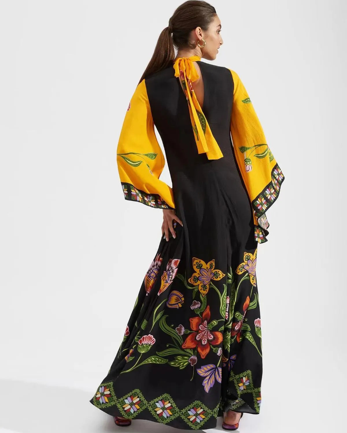 Casual Fashion Print Three-Quarter Sleeve Stand Collar Maxi Dress