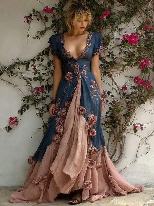 Women's Vintage Elegant Pink Roses Embroidered Art Patchwork V Neck Short Sleeve Maxi Dress