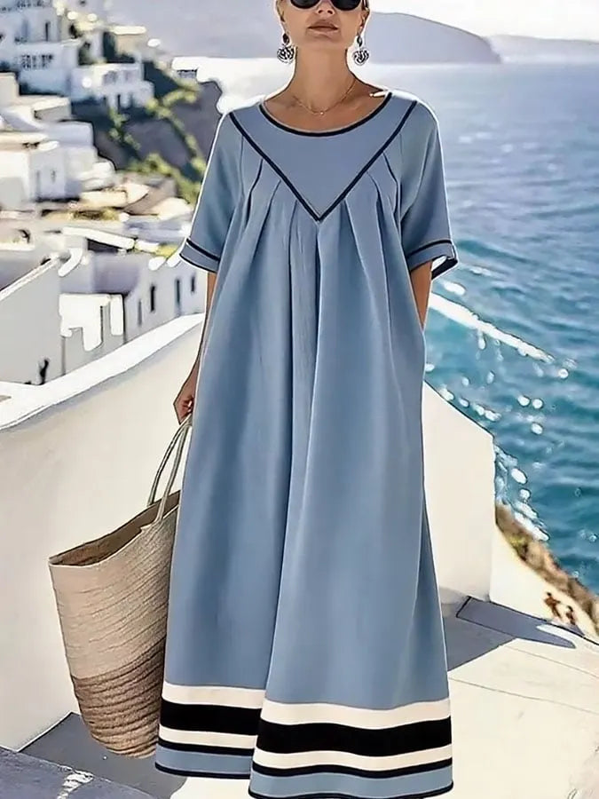 Women'S Round Neck Short Sleeve Striped Printed Cotton And Linen Dress