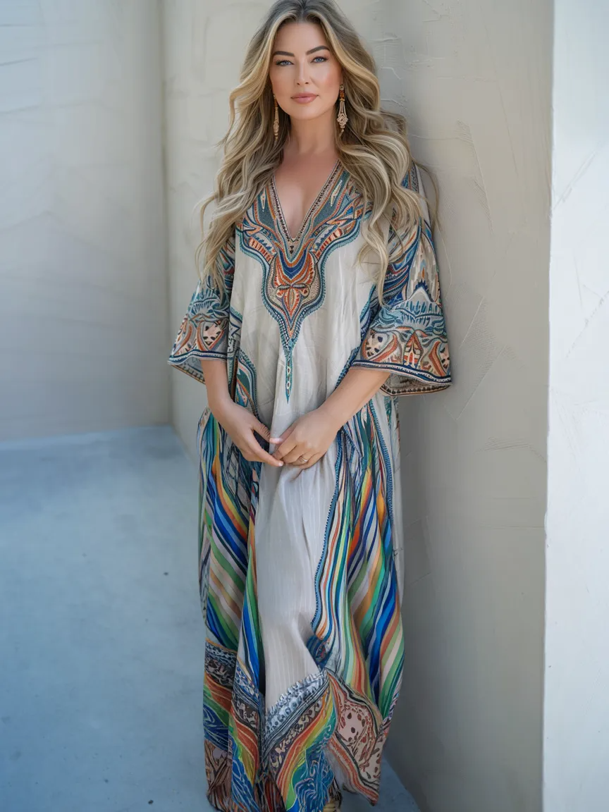 Contton & Linen Long Sleeve Bohemian  Kaftan Maxi Dress