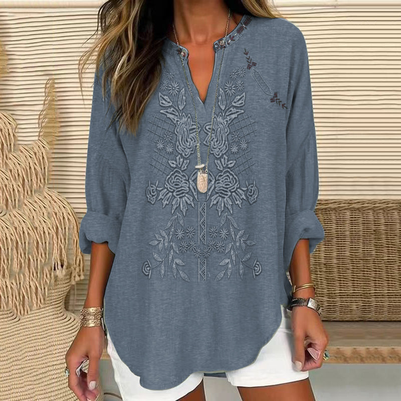 Vintage Embroidered Floral V-neck Linen Blend Blouse