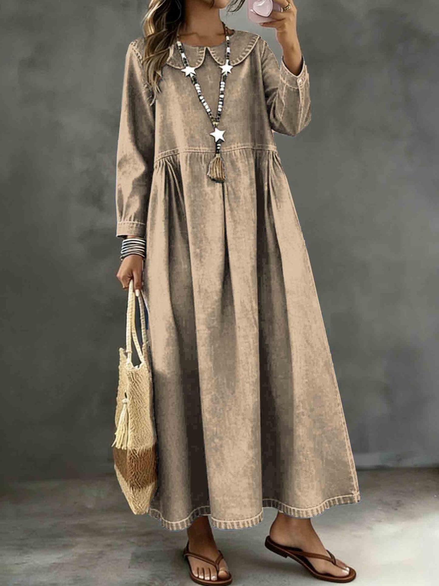 Long Sleeved Lotus leaf collar  Loose Denim Dress