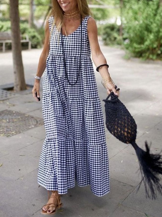 Women's Casual V-Neck Sleeveless Plaid Print Contrast Color Dress
