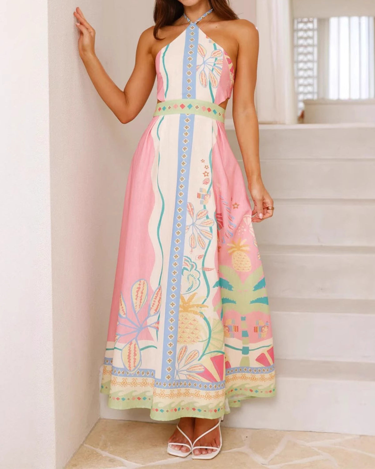 Halter Tie-back Open-back Floral Print Maxi Dress
