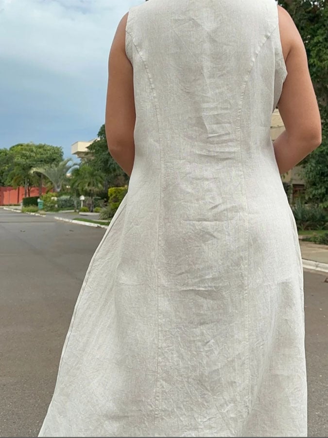Women's Casual Solid Color Round Neck Sleeveless Button Cotton and Linen Dress