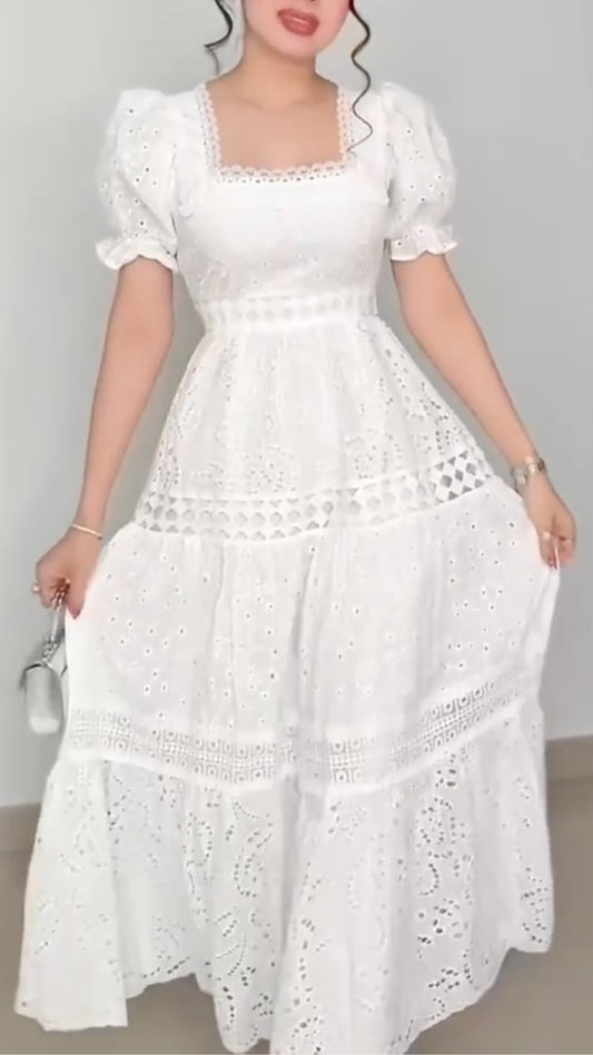 White Eyelet Embroidery Midi Dress