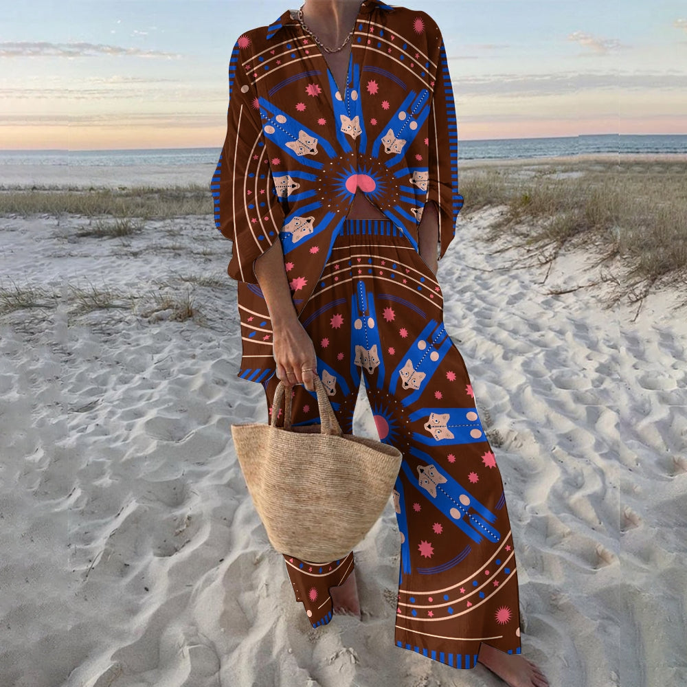Women's Geometry Tiger Printed Shirt & Pants Two-piece Set