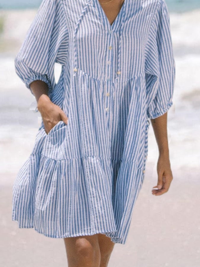 Women'S Casual V-Neck Mid-Sleeve Striped Print Patchwork Dresss