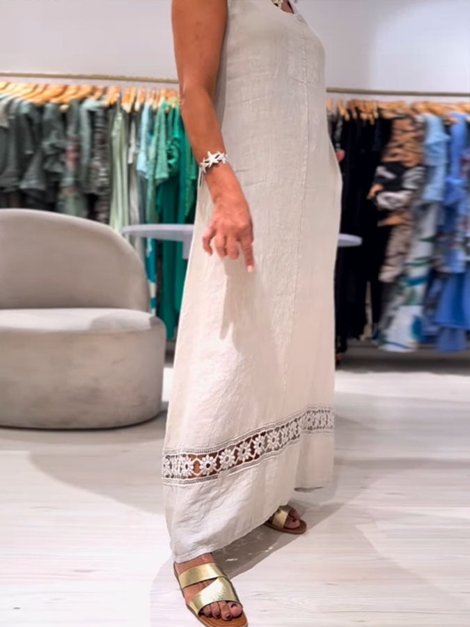 Women's Casual Solid Color Round Neck Sleeveless Lace Splicing Cotton and Linen Dress