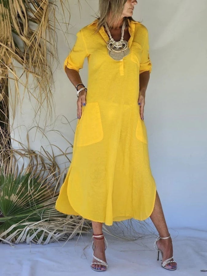 Women's Casual Solid Color Lapel Three-quarter Sleeve Button Cotton and Linen Dress