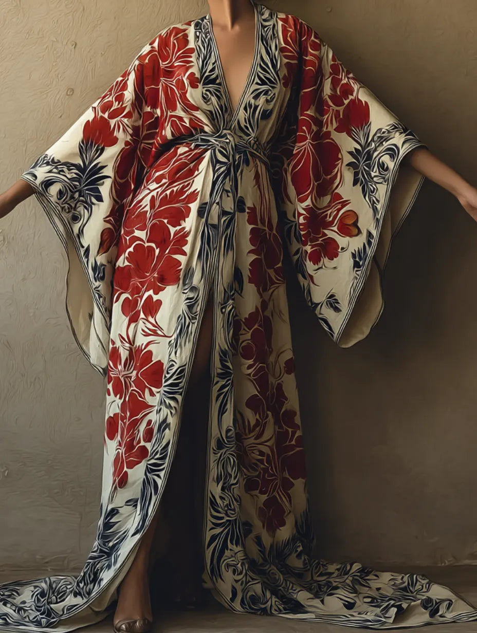Women's Red Cockscomb Kimono Linen Robe (Including Belt)