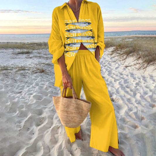 Women's Sardines Printed Shirt & Pants Two-piece Set