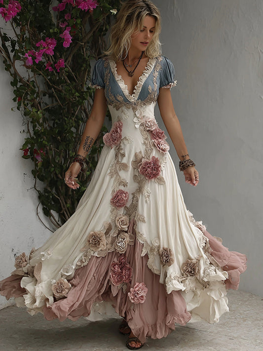Women's Romantic Rose Embroidery Art Patchwork Flowing Linen Blend Maxi Dress