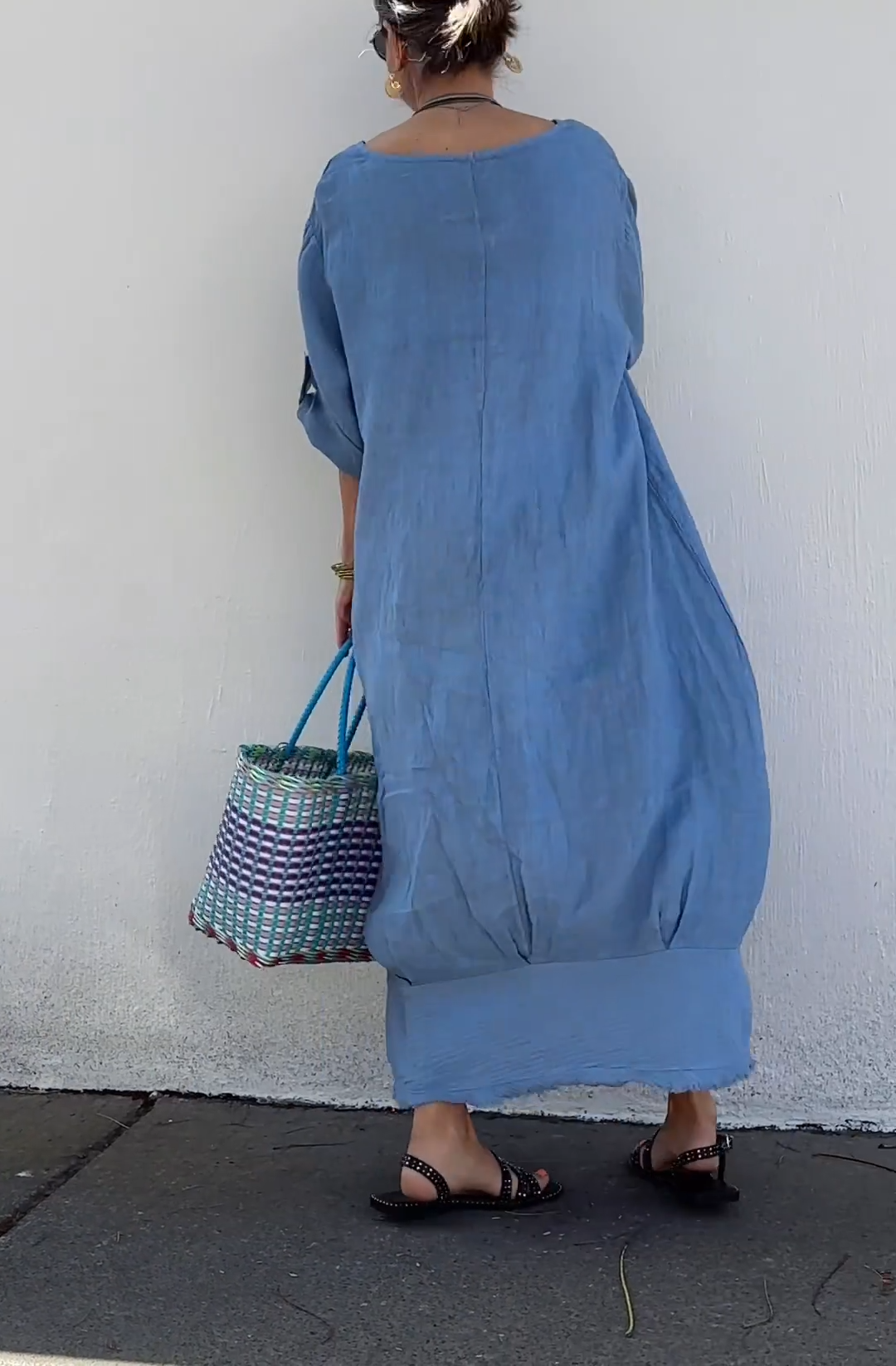 Oversized Linen Maxi Dress with Fringe Hem & Patch Pocket