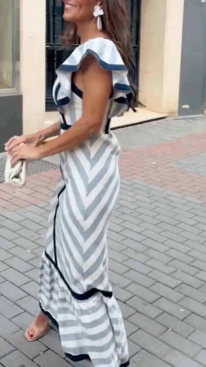 Women's Retro Striped Square Neck Flutter Sleeve Vacation-Style Dress