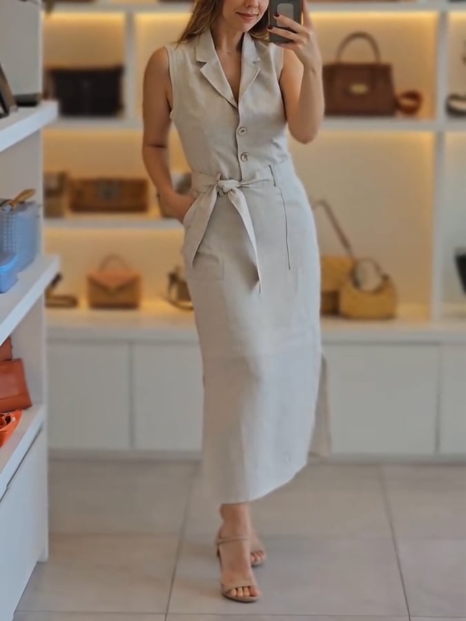 Women's Casual Lapel Single Breasted Sleeveless Tie Dress