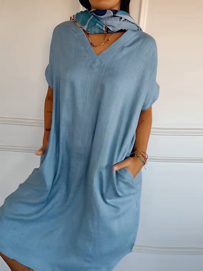 Women's casual V-neck short-sleeved cotton and linen dress