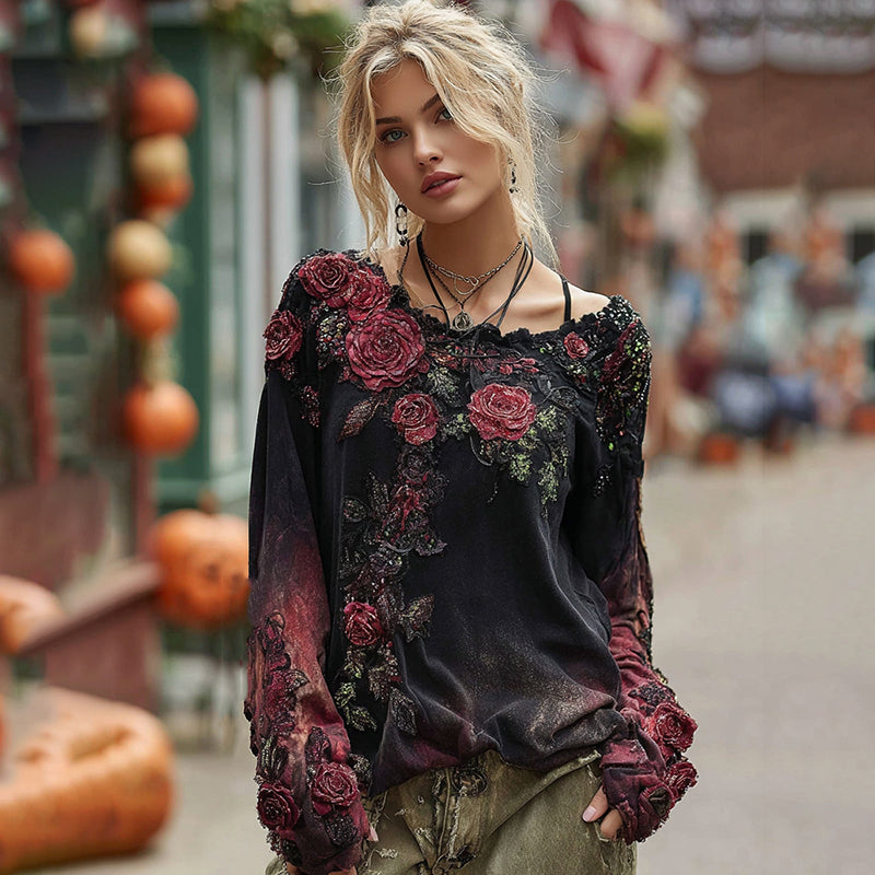 VChics Vintage Rose Embroidery Beaded Gradient Long-sleeved T-shirt