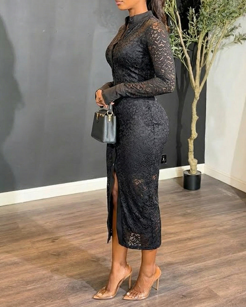 Women's Stand Collar Floral Lace Mid-length Dress