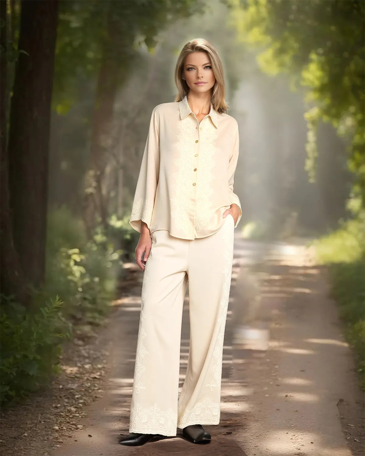 Heavy Embroidery Long Sleeve Shirt & Loose Casual Pants Two Piece Set