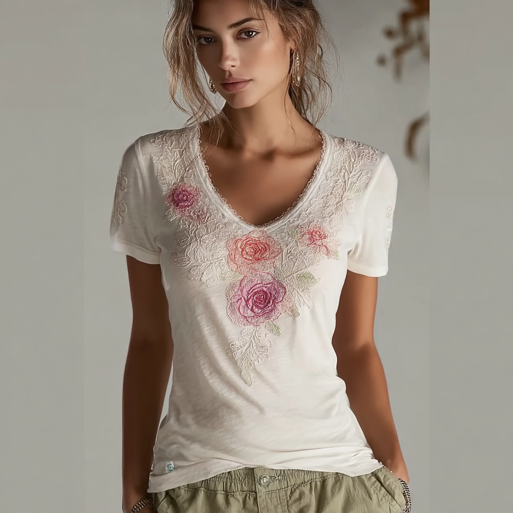 VChics Lace Rose Embroidery Design V-neck Short-sleeve T-shirt