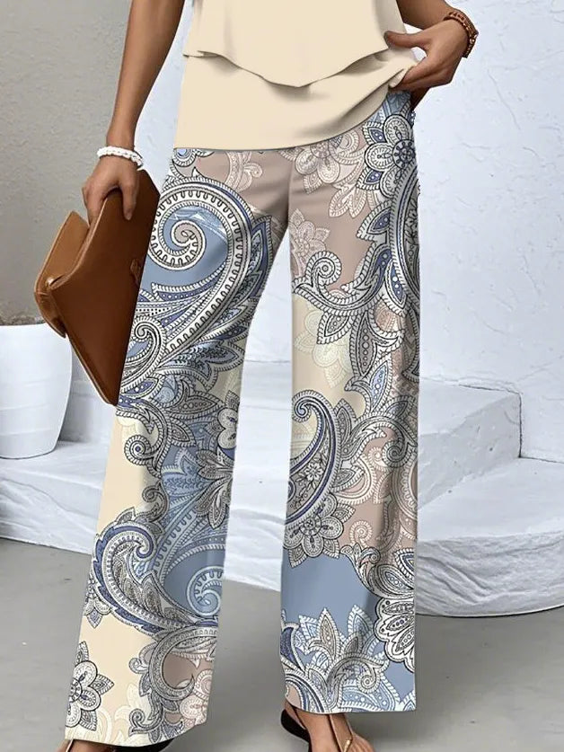 Women Paisley Two-Piece Set Daily Sleeveless Casual Summer Top With Pants Matching Set