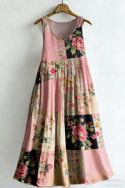 Women's Vintage Floral Colorblock Sleeveless Cotton Dress