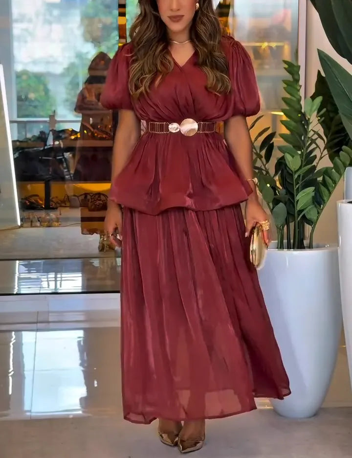 Shimmer Satin Puff Sleeve Belted Waist Maxi Dress