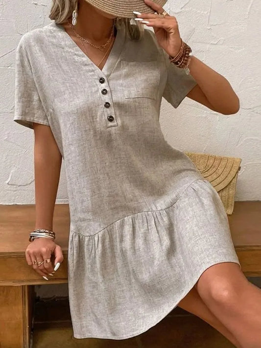 Women's Casual Solid Color V-Neck Short Sleeve Button Stitching Ruffle Dress
