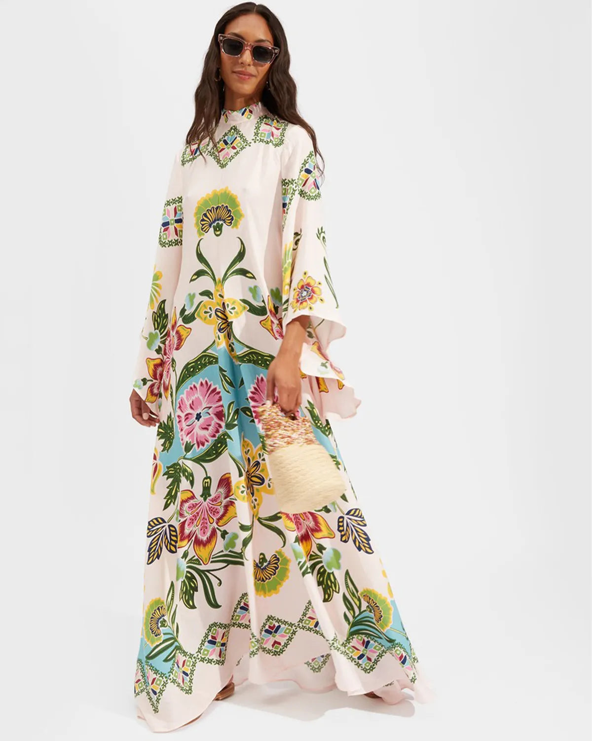 Casual Fashion Print Three-Quarter Sleeve Stand Collar Maxi Dress