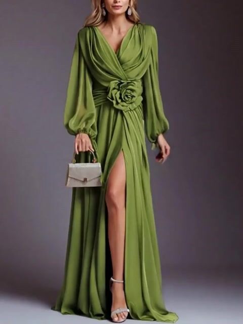 Flower Pleated Chiffon Wedding Dress Long Buff Sleeve Flowy V-neck Maxi Dress