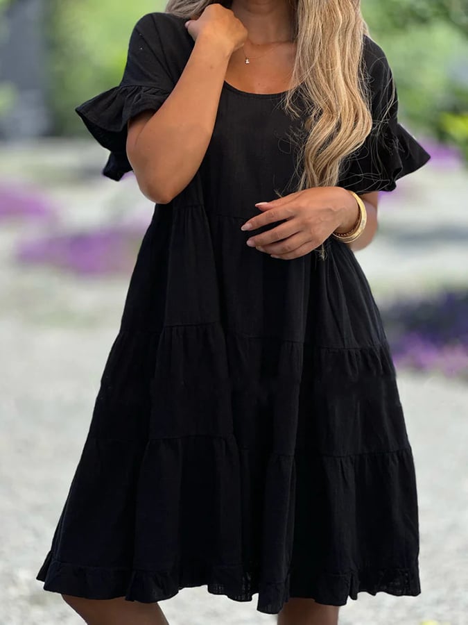 Women's Round Neck Solid Color Large Hem Casual Ruffle Sleeve Cotton And Linen Dress