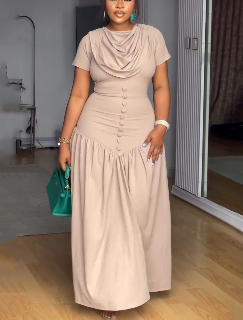 Cowl Neck Button Detail Gathered Maxi Dress